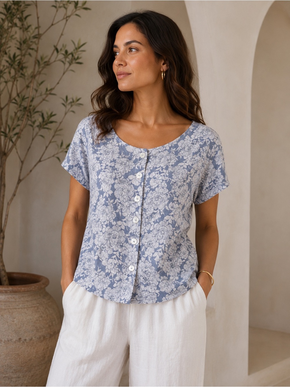 100% linen C&C California Light Blue Floral Button-Front Short Sleeve Top